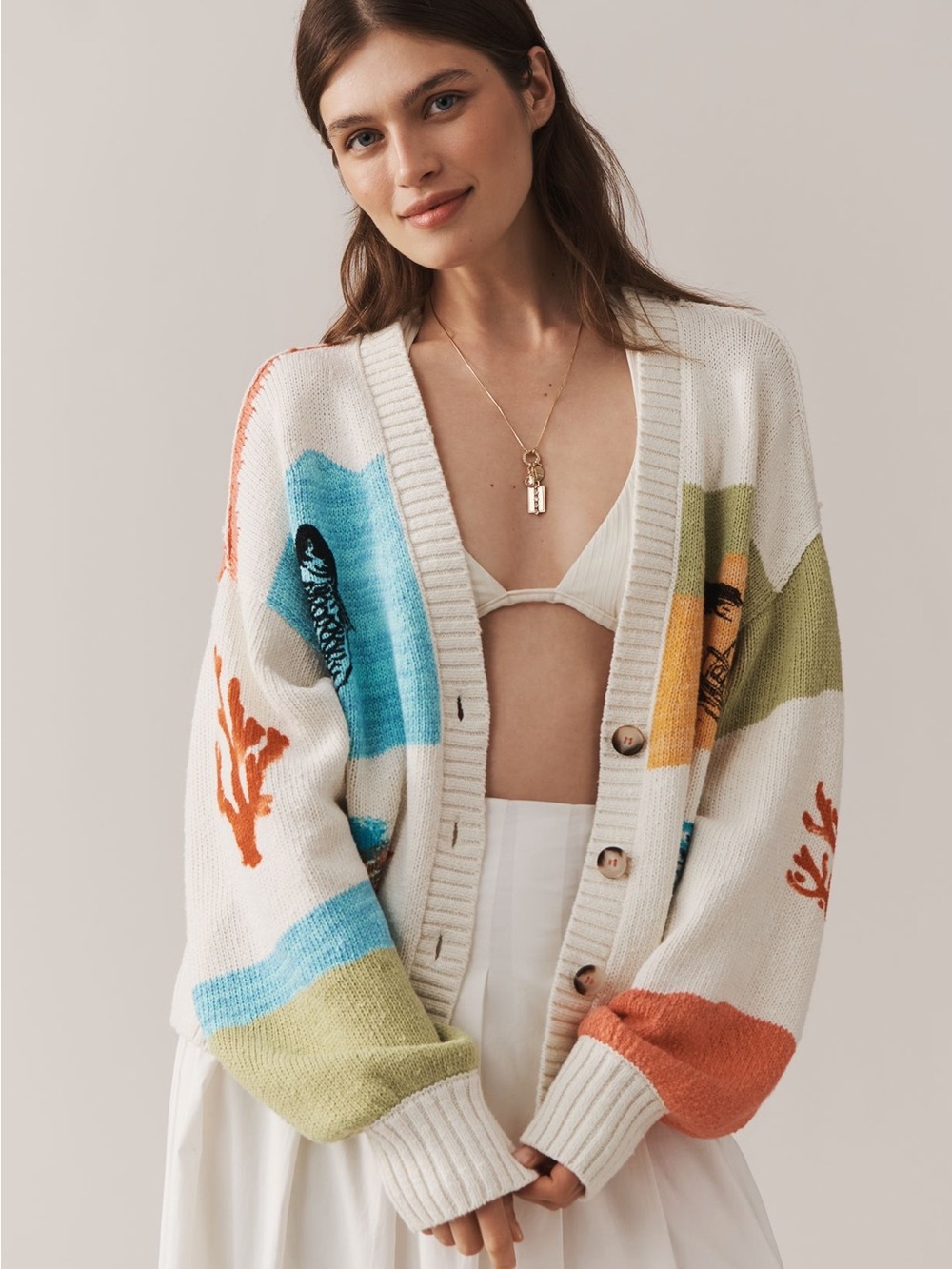 Anthropologie Cream Cardigan with Blue, Green & Orange Motifs